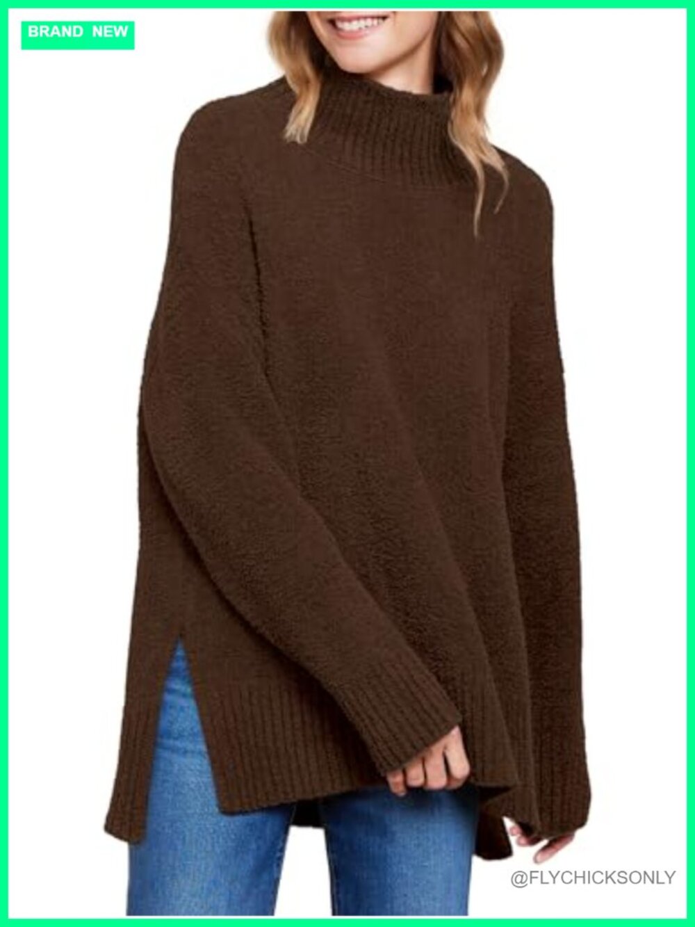Oversized Fuzzy Turtleneck Sweater High Low Hem Slit Side Pullover